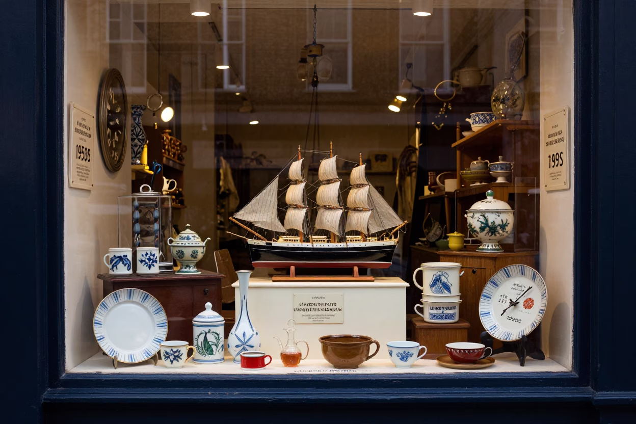 Vintage 1950s London Shop Window Display with Ship in Bottle and Trifle Dessert in in London, United Kingdom