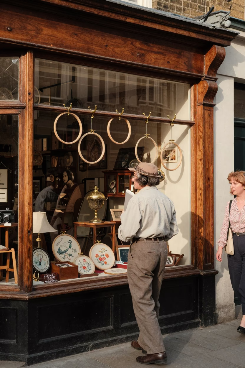 Vintage 1950s London Street Corner Scene with Coat Hooks and Embroidery Hoops in in London, United Kingdom