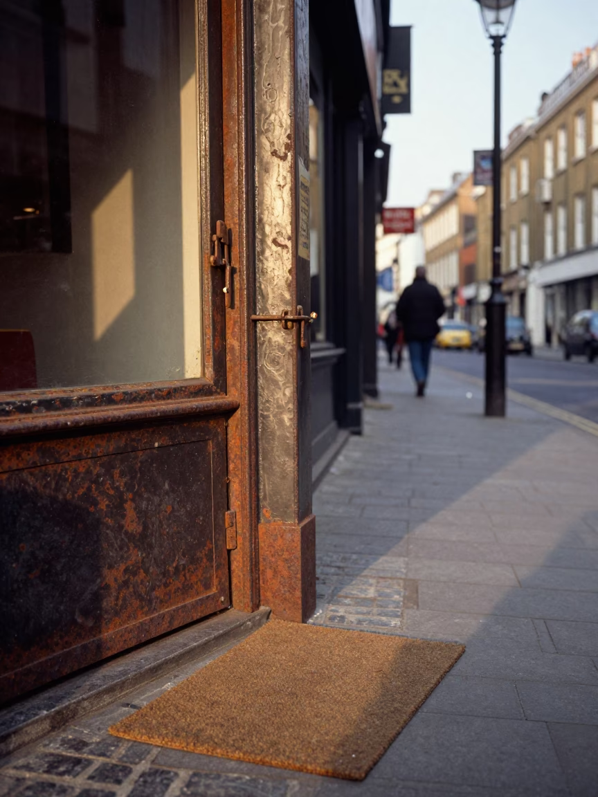 Vintage 1950s London Street Corner with Rusty Doorframe and Doormat in Late Afternoon Sunlight in in London, United Kingdom