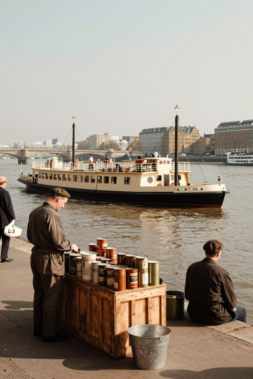 Vintage 1950s London Street Scene with Chain Ferry and Market Stall in in London, United Kingdom