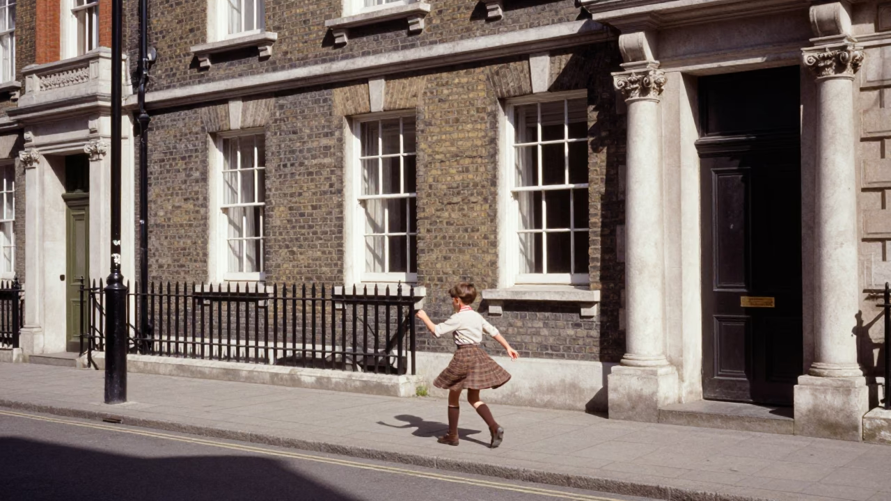 Vintage 1950s London Street Scene with Child Playing Spinning Top on Cobblestone Pavement in in London, United Kingdom