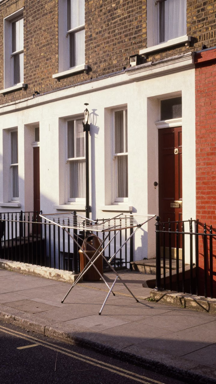 Vintage 1950s London Street Scene with Drying Rack and Red Phone Box in in London, United Kingdom