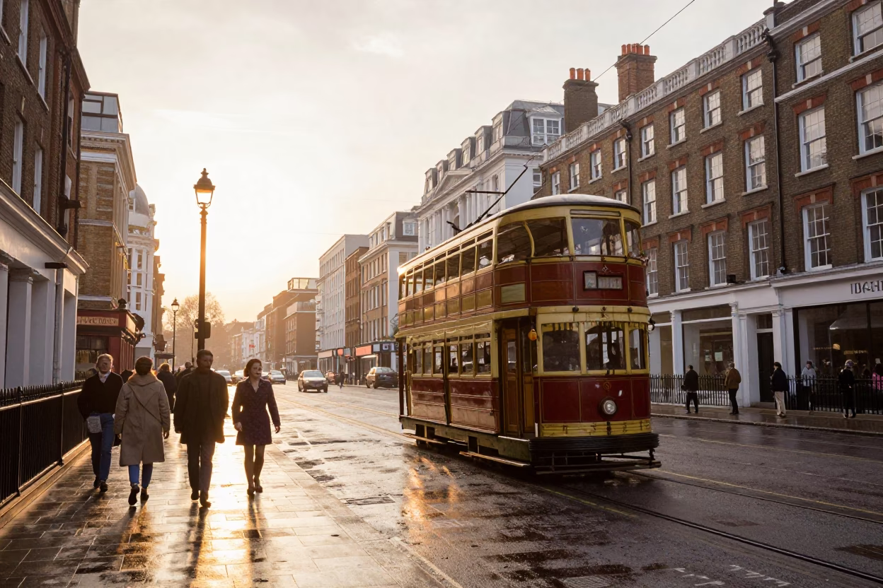 Vintage 1950s London Street Scene with Heritage Tram and Steamship at Sunrise in in London, United Kingdom