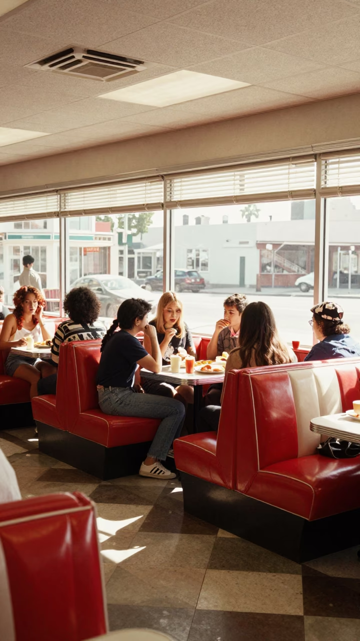 Vintage 1950s Los Angeles Cafe Interior with Patrons Dining at Midday in in Los Angeles, California, United States