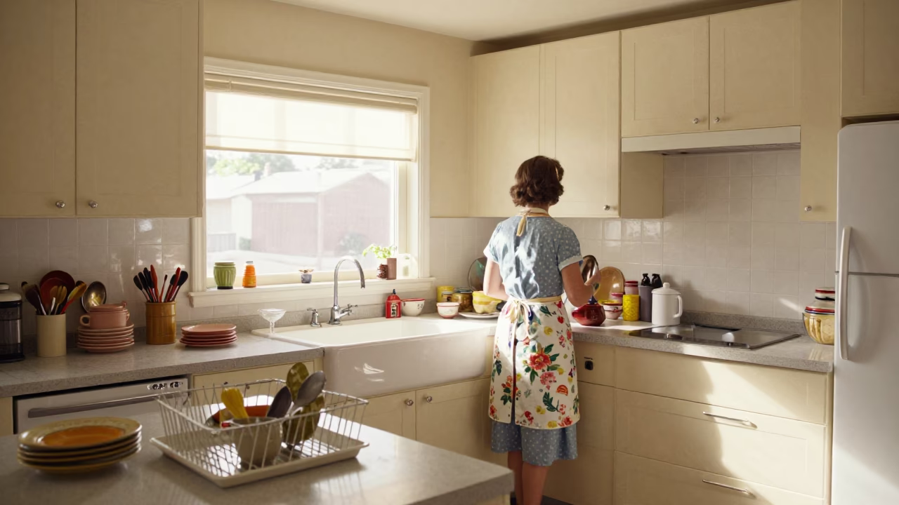 Vintage 1950s Los Angeles Kitchen Scene with Dish Rack and Apron in in Los Angeles, California, United States