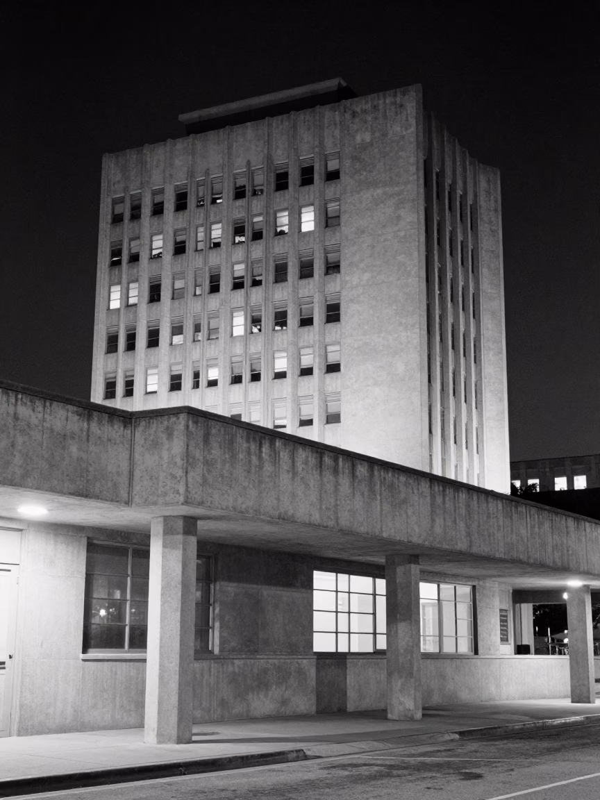 Vintage 1950s Los Angeles Night Scene with Brutalist Architecture and Street Details in in Los Angeles, California, United States