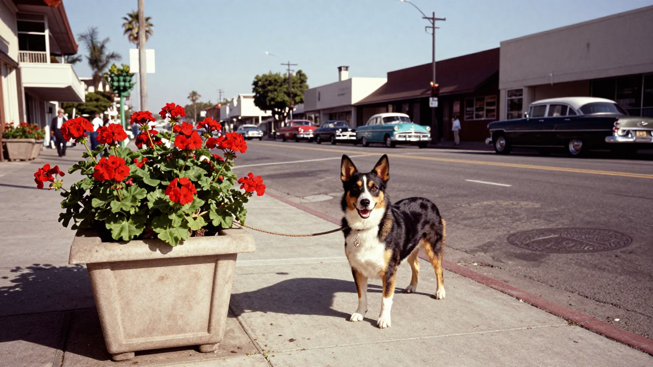 Vintage 1950s Los Angeles Street Scene with Australian Cattle Dog and Geraniums in in Los Angeles, California, United States