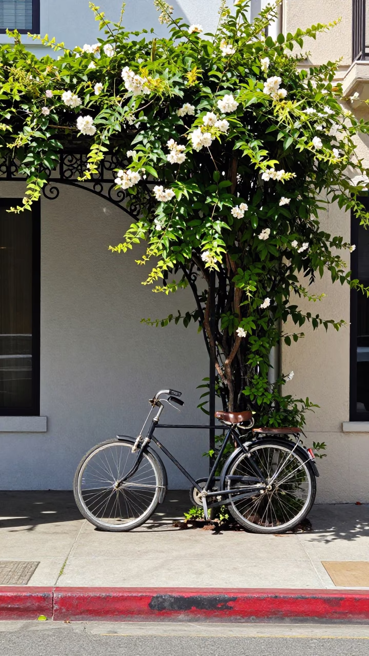 Vintage 1950s Los Angeles Street Scene with Bicycle and Climbing Jasmine in in Los Angeles, California, United States