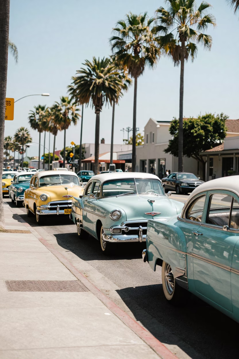 Vintage 1950s Los Angeles Street Scene with Classic Cars and Midmorning Sunlight in in Los Angeles, California, United States