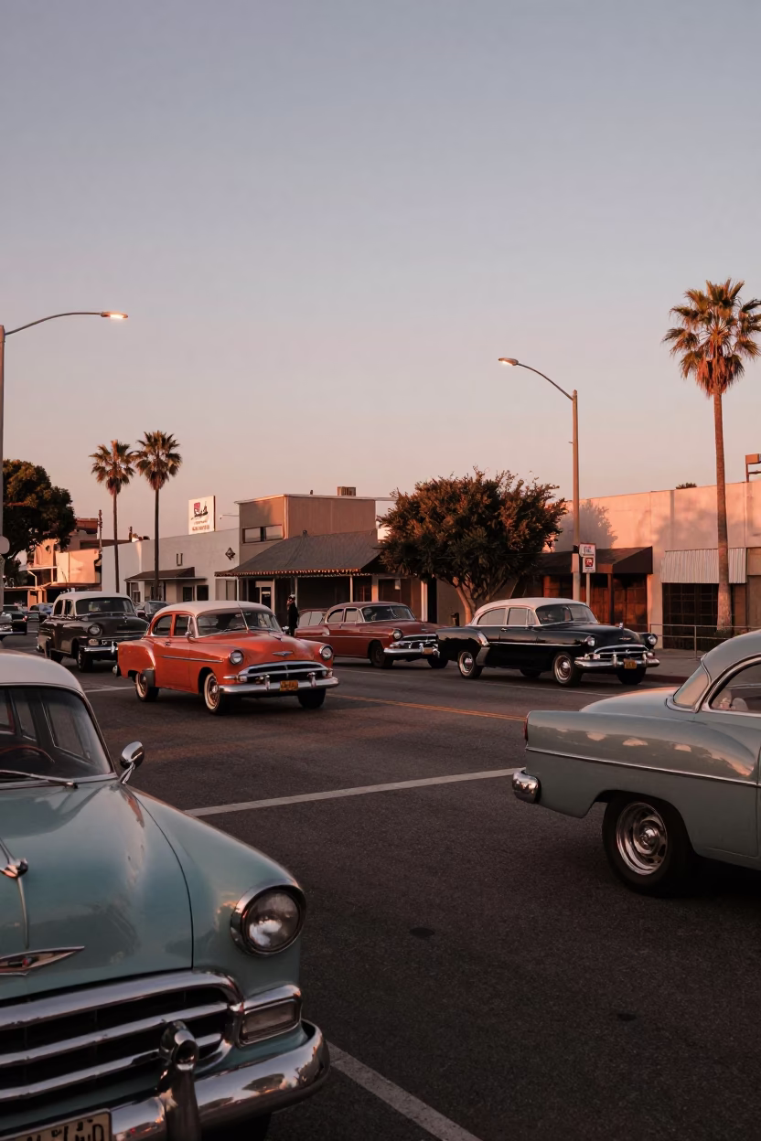 Vintage 1950s Los Angeles Street Scene with Copper Dusk Light and Classic Cars in in Los Angeles, California, United States