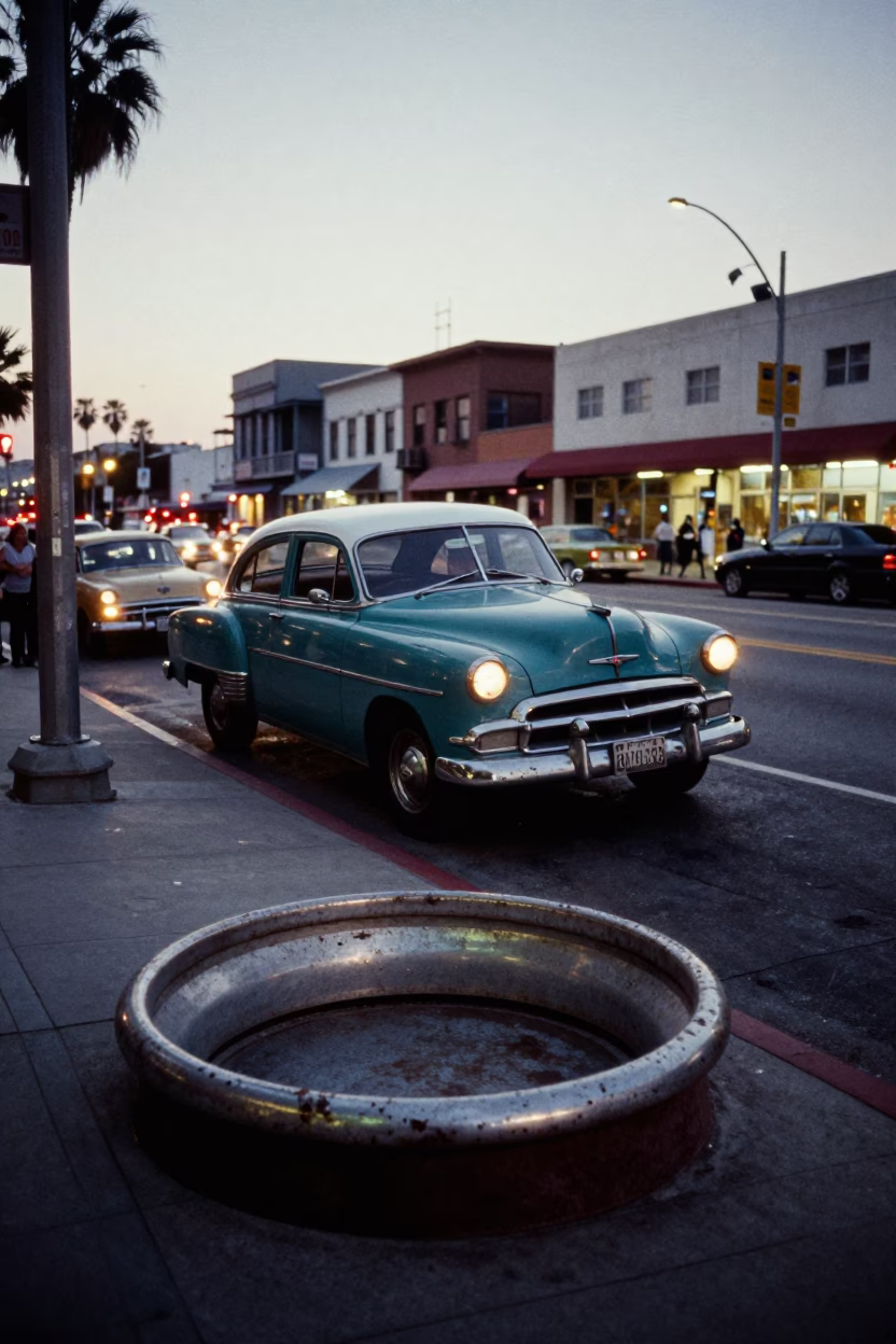 Vintage 1950s Los Angeles Street Scene with Dented Metal Rim and City Lights in in Los Angeles, California, United States