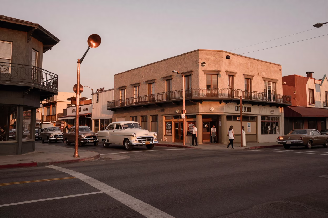 Vintage 1950s Los Angeles Street Scene with Ladle in Copper Dusk Light in in Los Angeles, California, United States