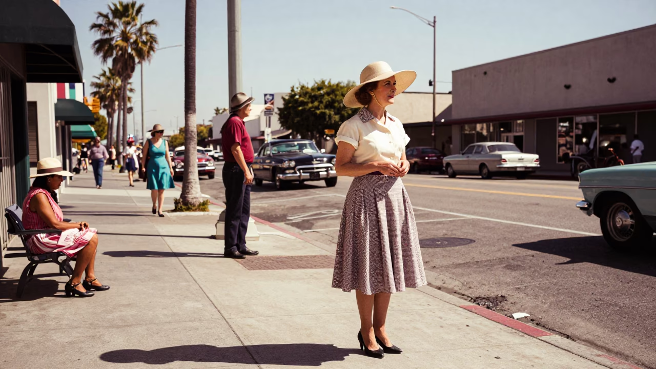 Vintage 1950s Los Angeles Street Scene with Sun Hat and Coffee Mugs in in Los Angeles, California, United States