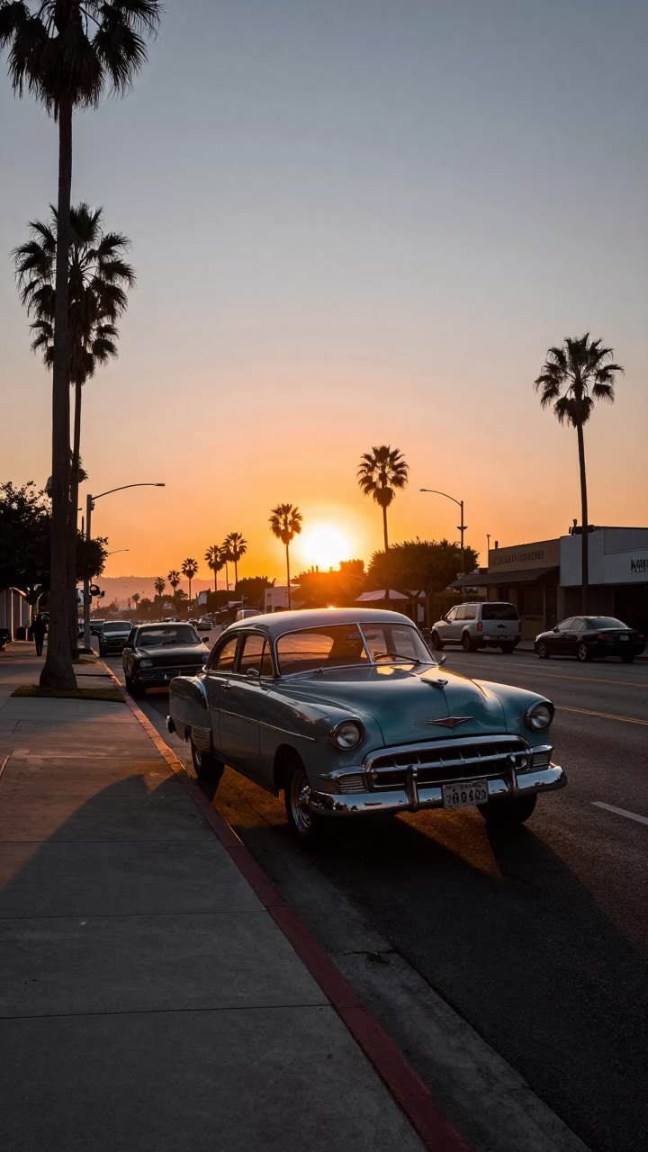 Vintage 1950s Los Angeles Sunset Street Scene with Classic Car and Rainbow Eucalyptus in in Los Angeles, California, United States