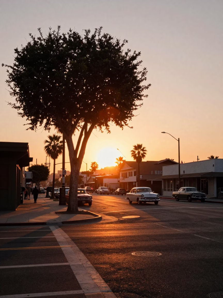 Vintage 1950s Los Angeles Sunset Street Scene with Tamarind Tree and Coiled Rope in in Los Angeles, California, United States