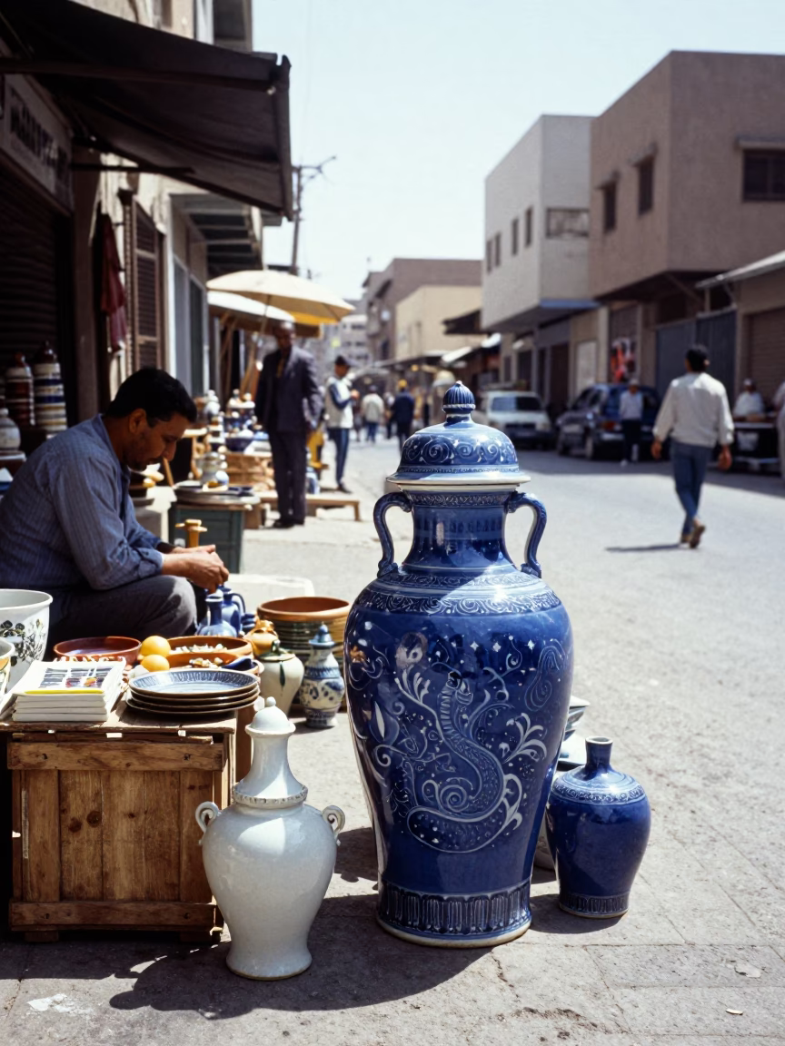 Vintage 1950s Luxor Street Scene with Blue Porcelain Jar and Dressmaker Chalk in in Luxor, Egypt