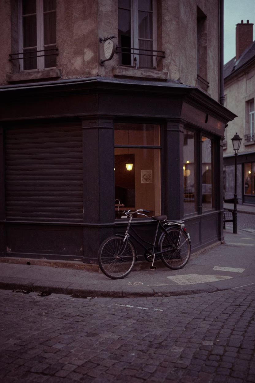 Vintage 1950s Lyon France Street Scene with Bicycle and Cobblestones at Predawn in in Lyon, France
