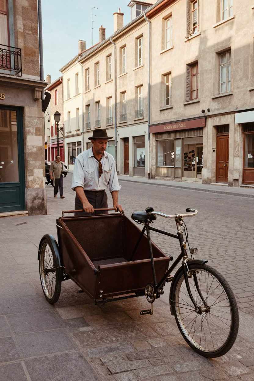 Vintage 1950s Lyon Street Scene with Cargo Bicycle and Autumn Funicular Hillside in in Lyon, France