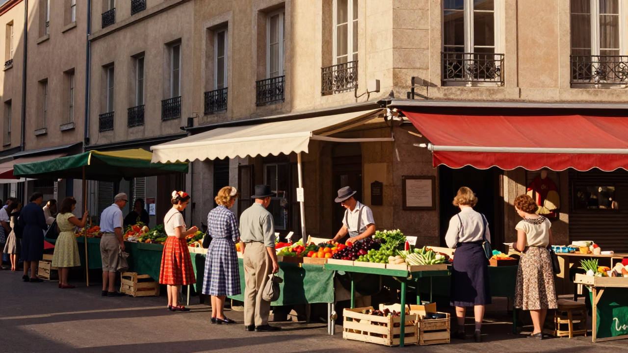 Vintage 1950s Lyon street scene with colorful market stalls and pedestrians in in Lyon, France