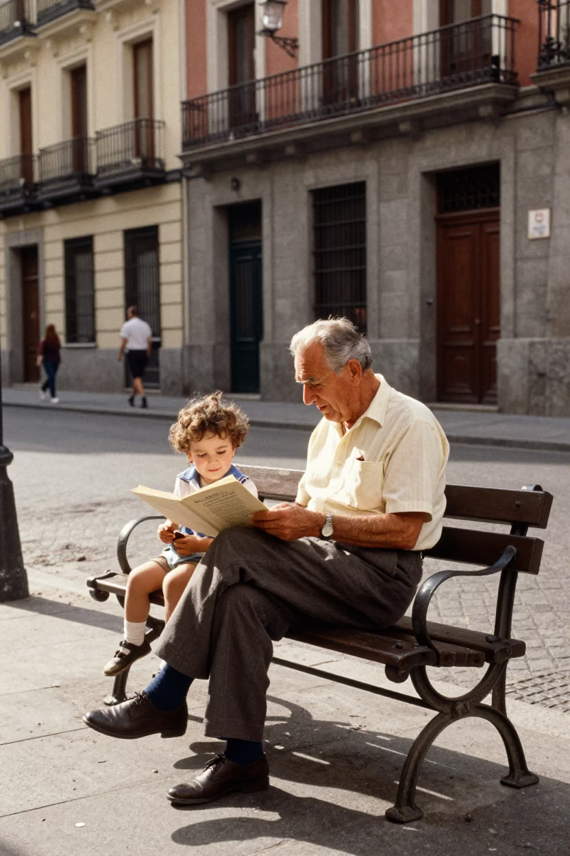 Vintage 1950s Madrid Street Scene with Grandfather and Grandchild Reading in in Madrid, Spain