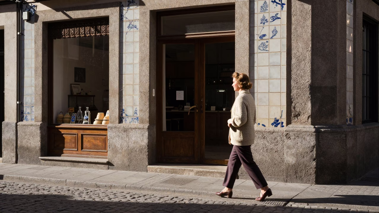 Vintage 1950s Madrid Street Scene with Woman in Cardigan Near Plaza in in Madrid, Spain