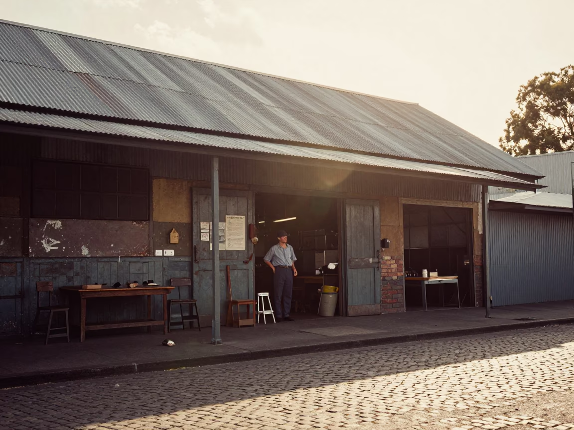 Vintage 1950s Melbourne street scene with awl and hand tool near harbor in in Melbourne, Victoria, Australia