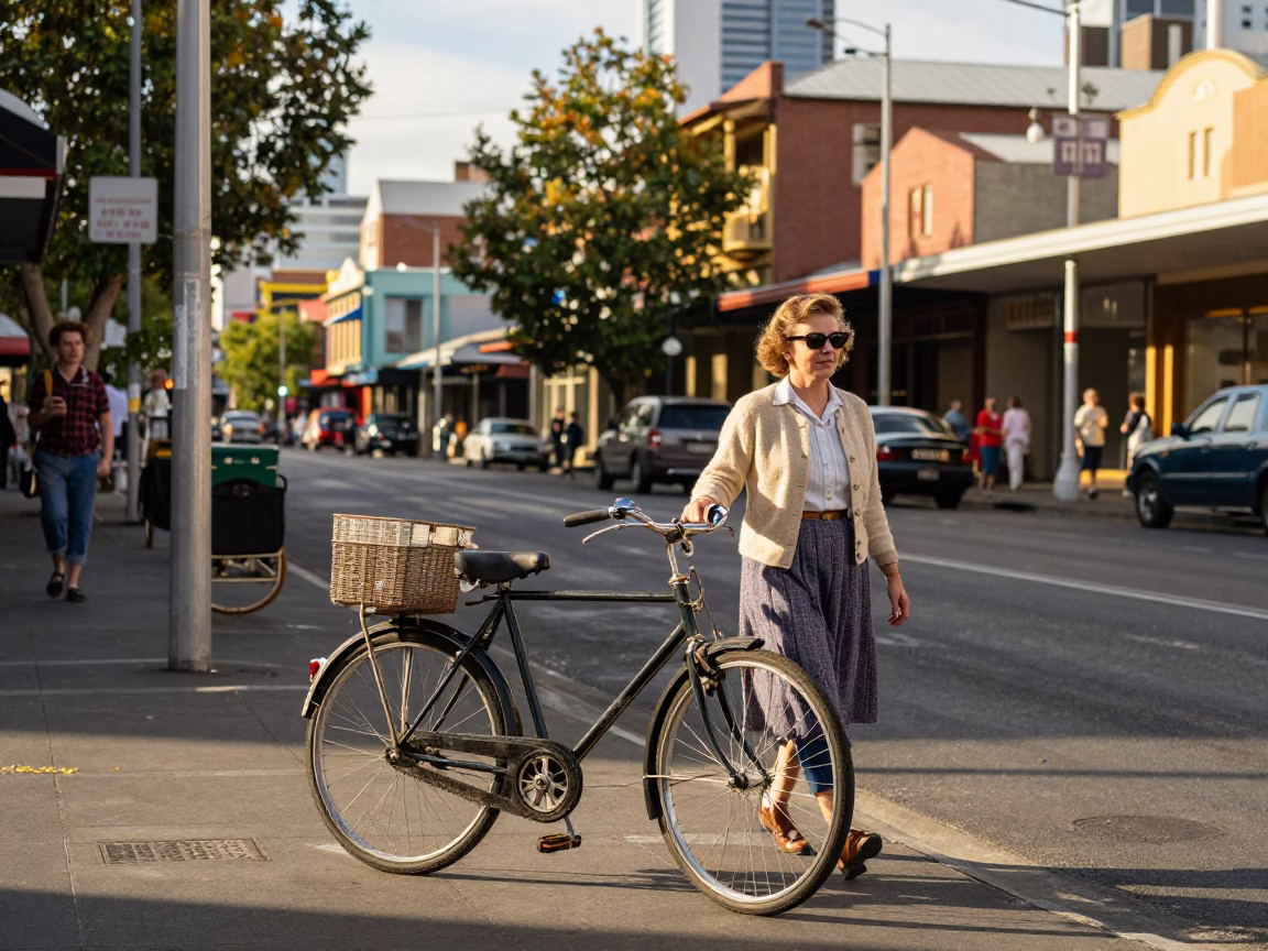 Vintage 1950s Melbourne Street Scene with Bicycle Basket and Coffee Tin in in Melbourne, Victoria, Australia