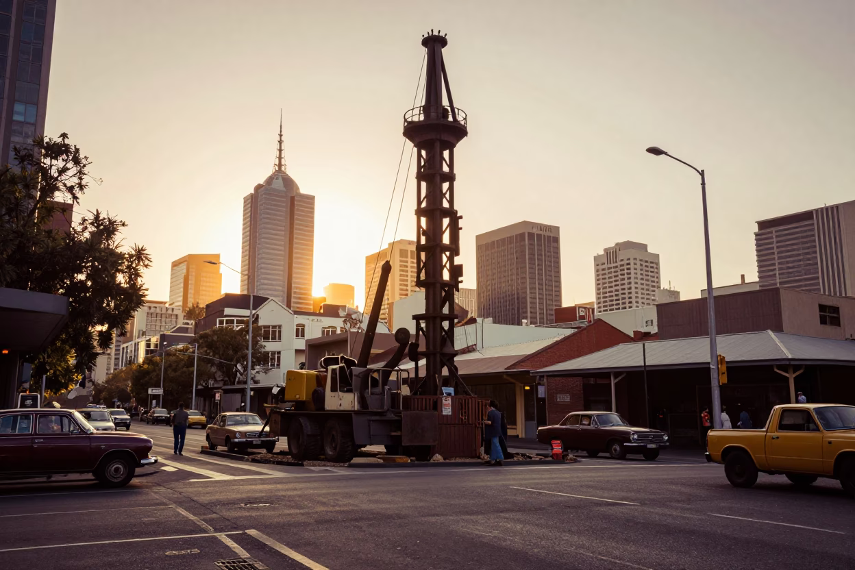 Vintage 1950s Melbourne Street Scene with Construction Pile Driver at Sunset in in Melbourne, Victoria, Australia