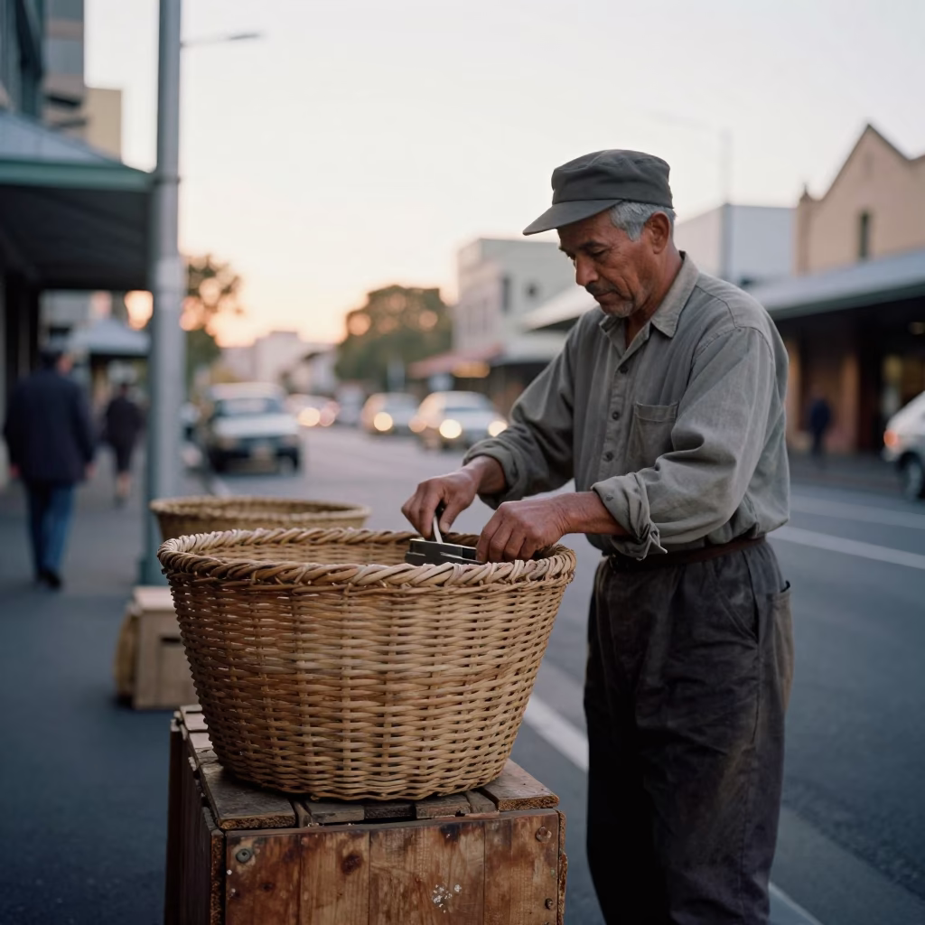 Vintage 1950s Melbourne Street Scene with Woven Basket and Morning Light in in Melbourne, Victoria, Australia