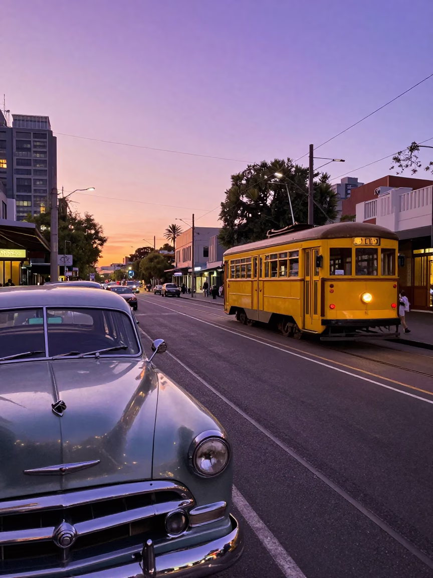 Vintage 1950s Melbourne Sunset Street Scene with Tram and Classic Cars in in Melbourne, Victoria, Australia