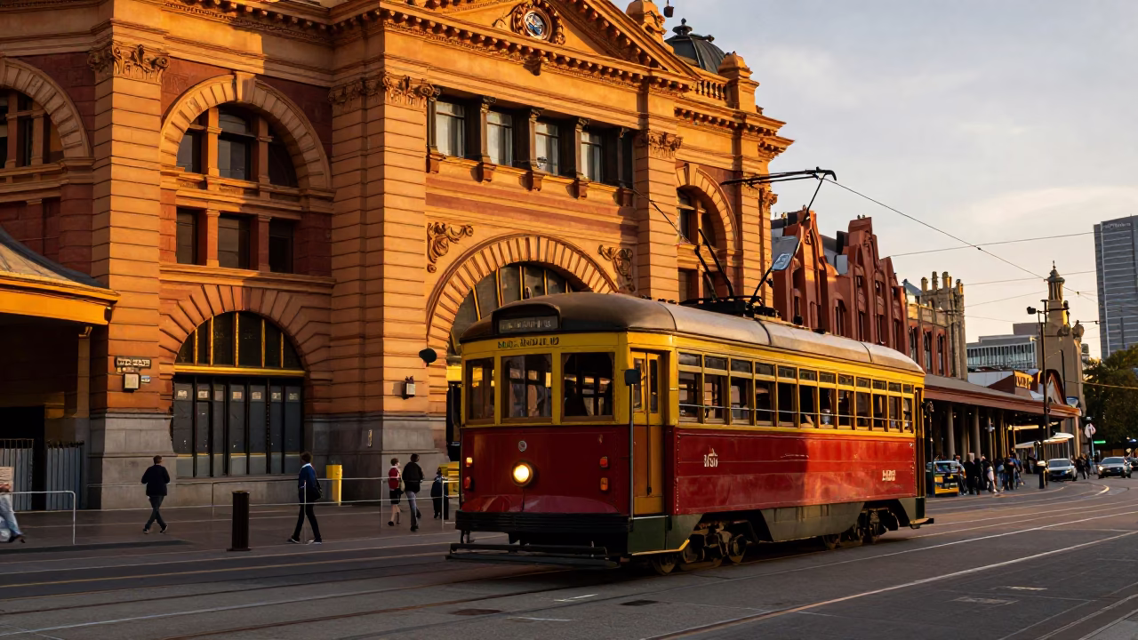 Vintage 1950s Melbourne Tram at Flinders Street Station Sunset Golden Hour in in Melbourne, Victoria, Australia