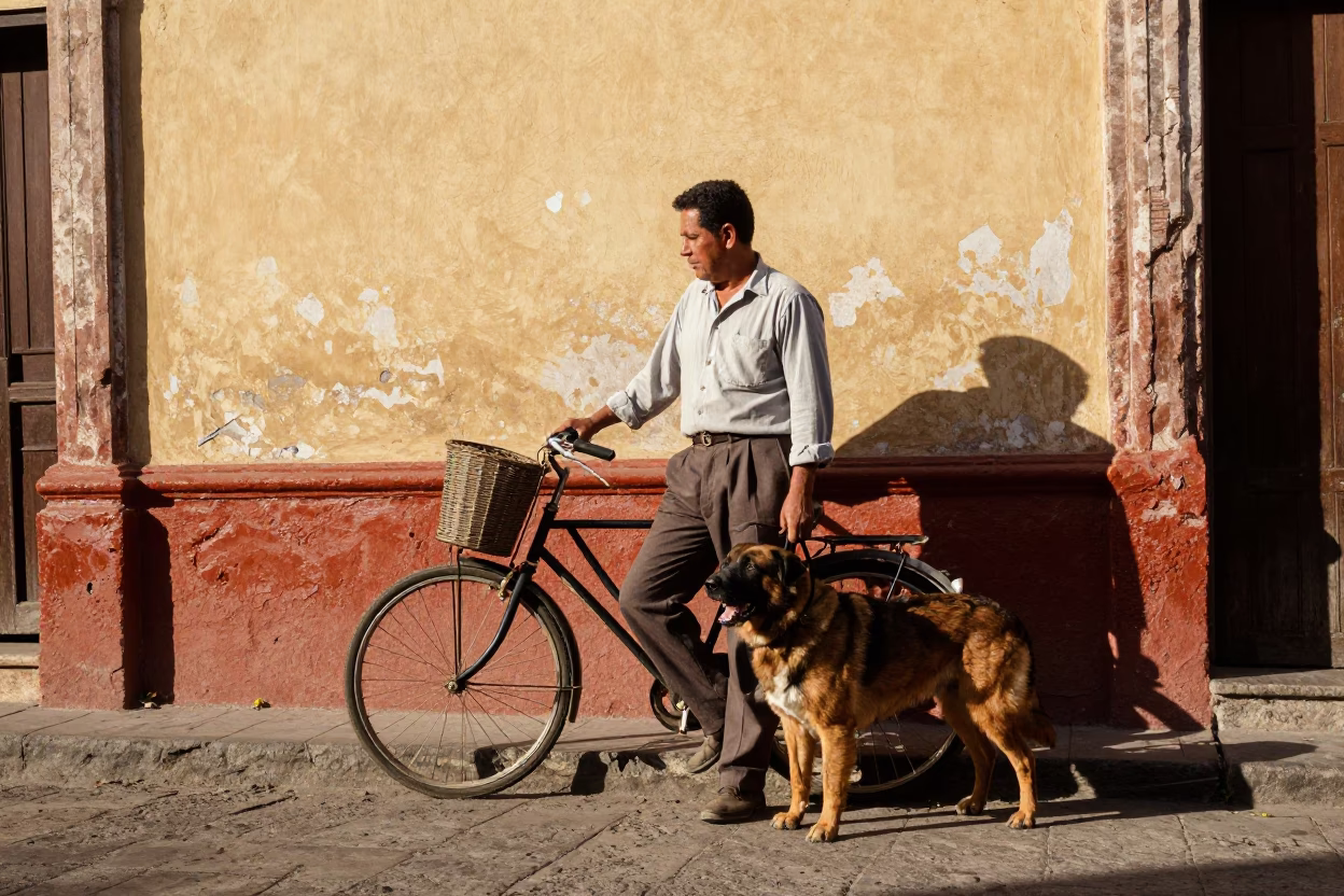 Vintage 1950s Merida Mexico Street Scene with Bicycle Basket and Beauceron Dog in in Merida, Mexico