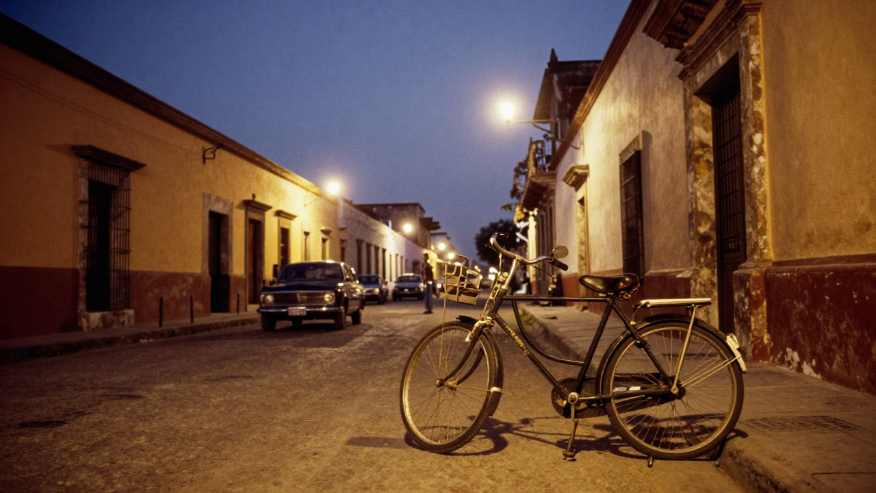 Vintage 1950s Merida Mexico Street Scene with Leaning Bicycle at Twilight Plaza in in Merida, Mexico