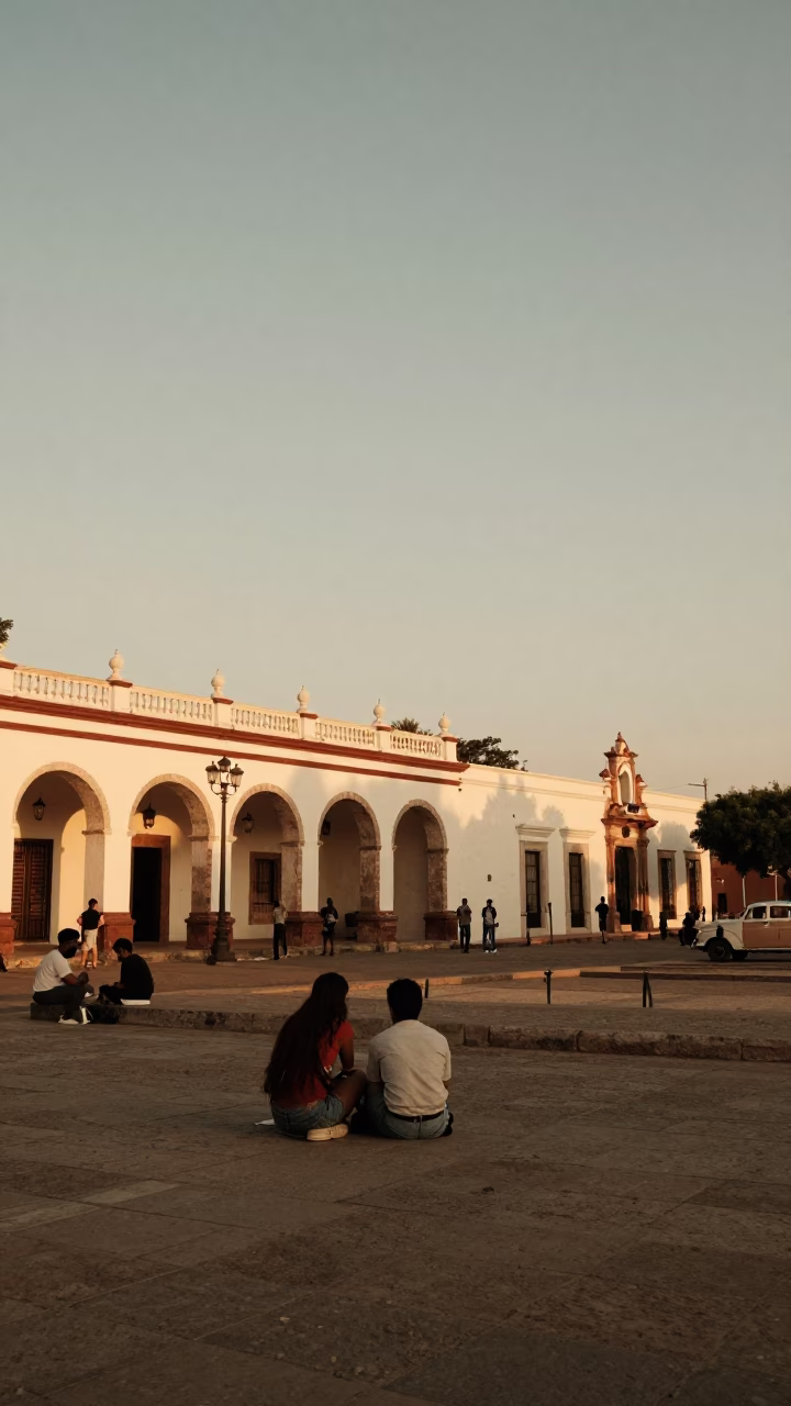 Vintage 1950s Merida Street Scene with Colonial Architecture and Evening Light in in Merida, Mexico