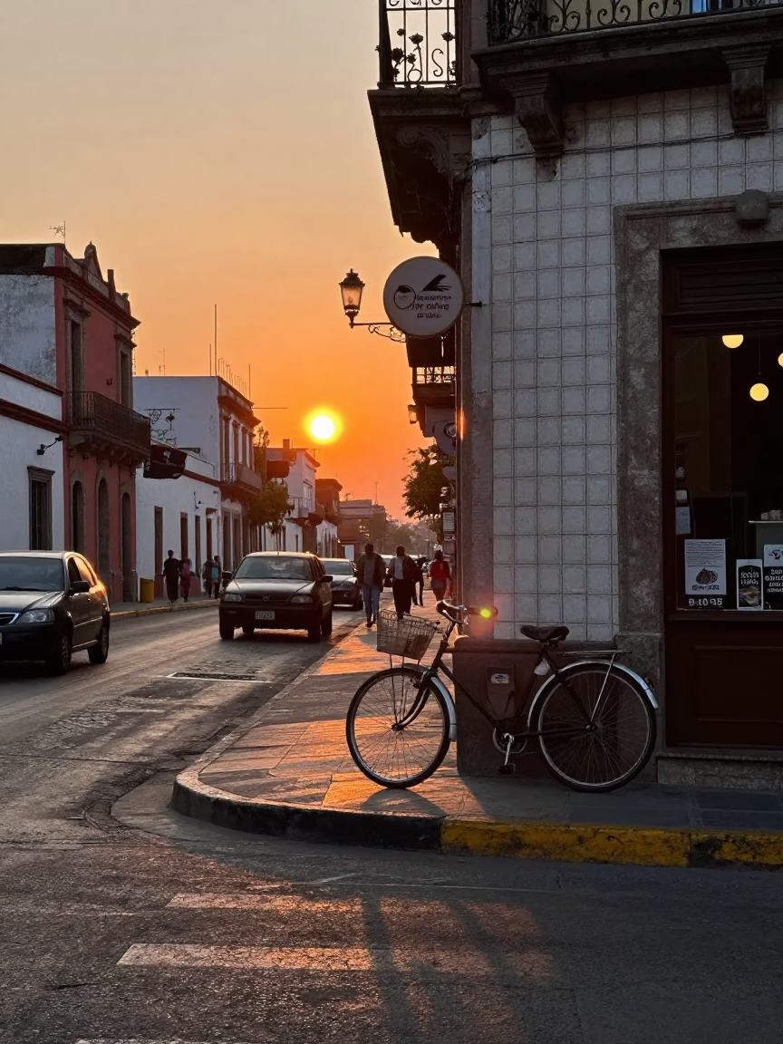 Vintage 1950s Mexico City Street Scene at Sunset with Bicycle and Bakery in in Mexico City, Mexico