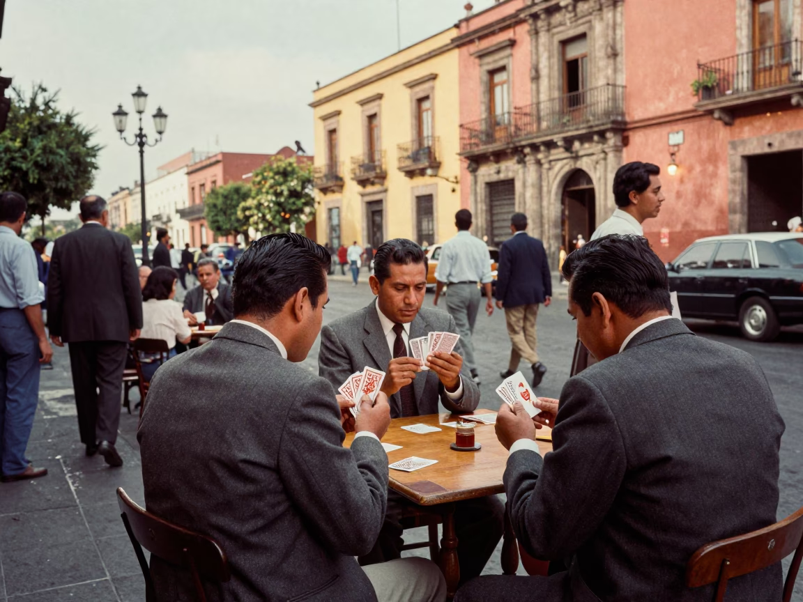 Vintage 1950s Mexico City Street Scene with Card Players and Traditional Decor in in Mexico City, Mexico