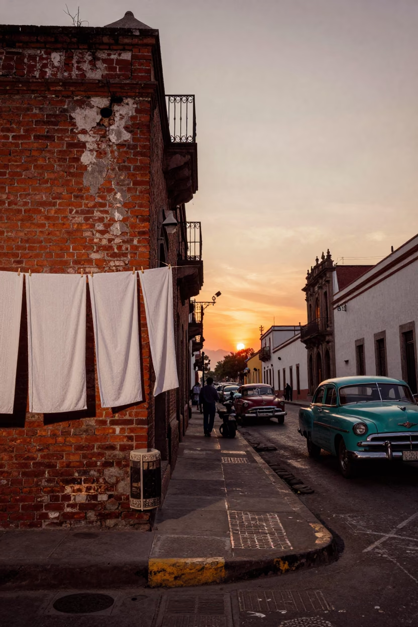 Vintage 1950s Mexico City Street Scene with Drying Towels and Bulldozer Construction at Sunset in in Mexico City, Mexico