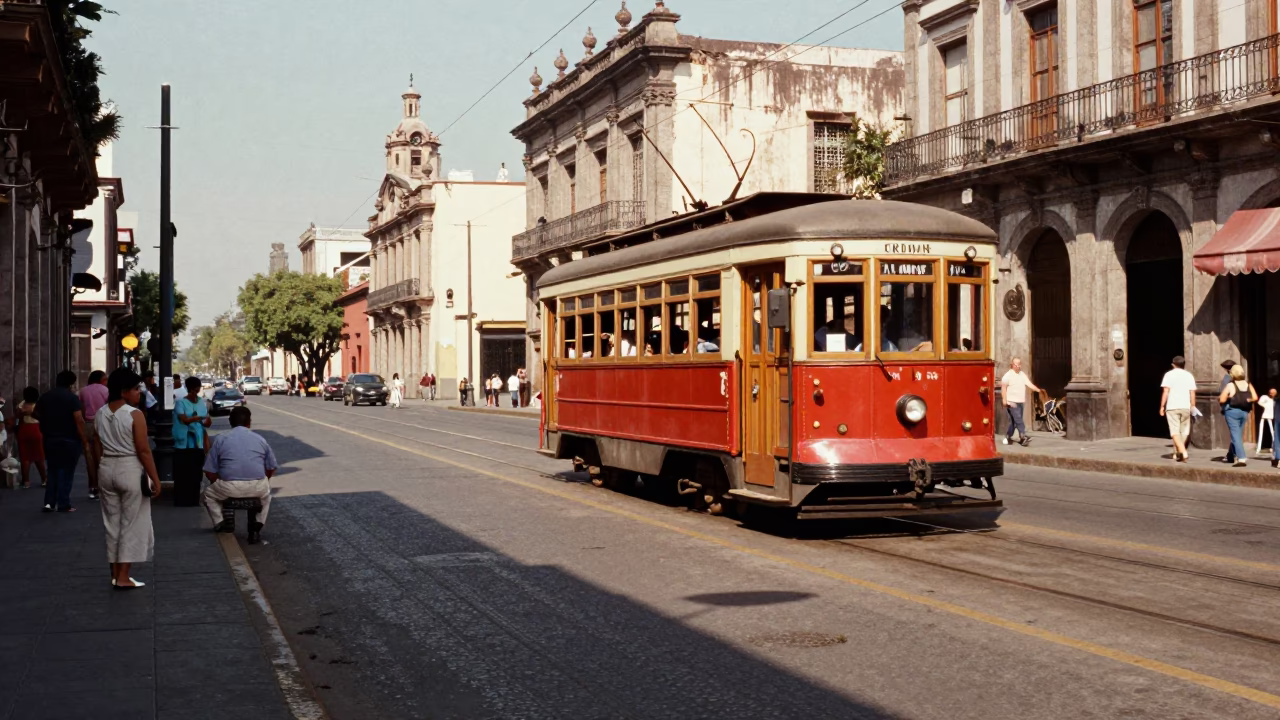 Vintage 1950s Mexico City Street Scene with Heritage Tram and Brushed Steel Plaster Wall in in Mexico City, Mexico