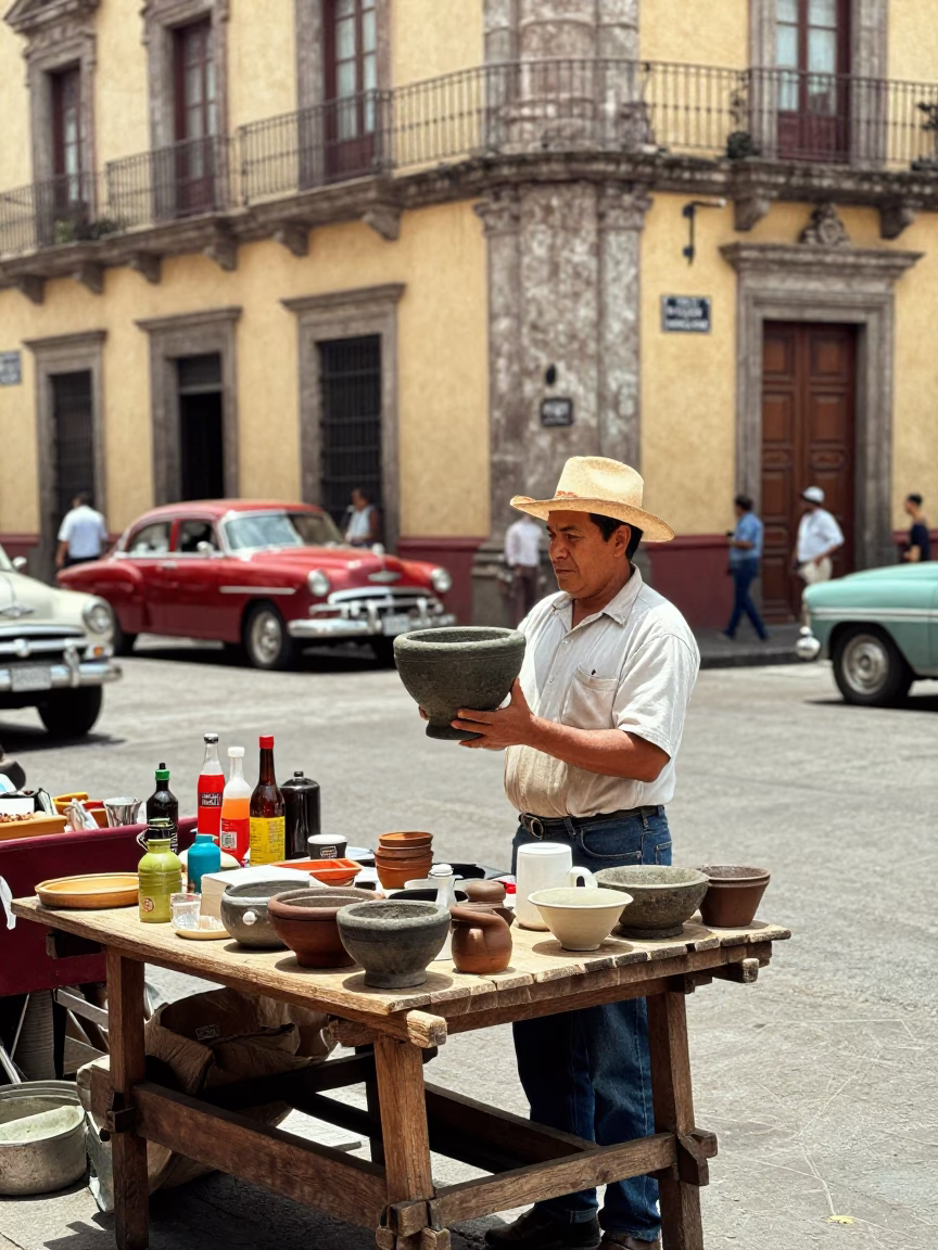 Vintage 1950s Mexico City Street Scene with Local Market Goods in in Mexico City, Mexico
