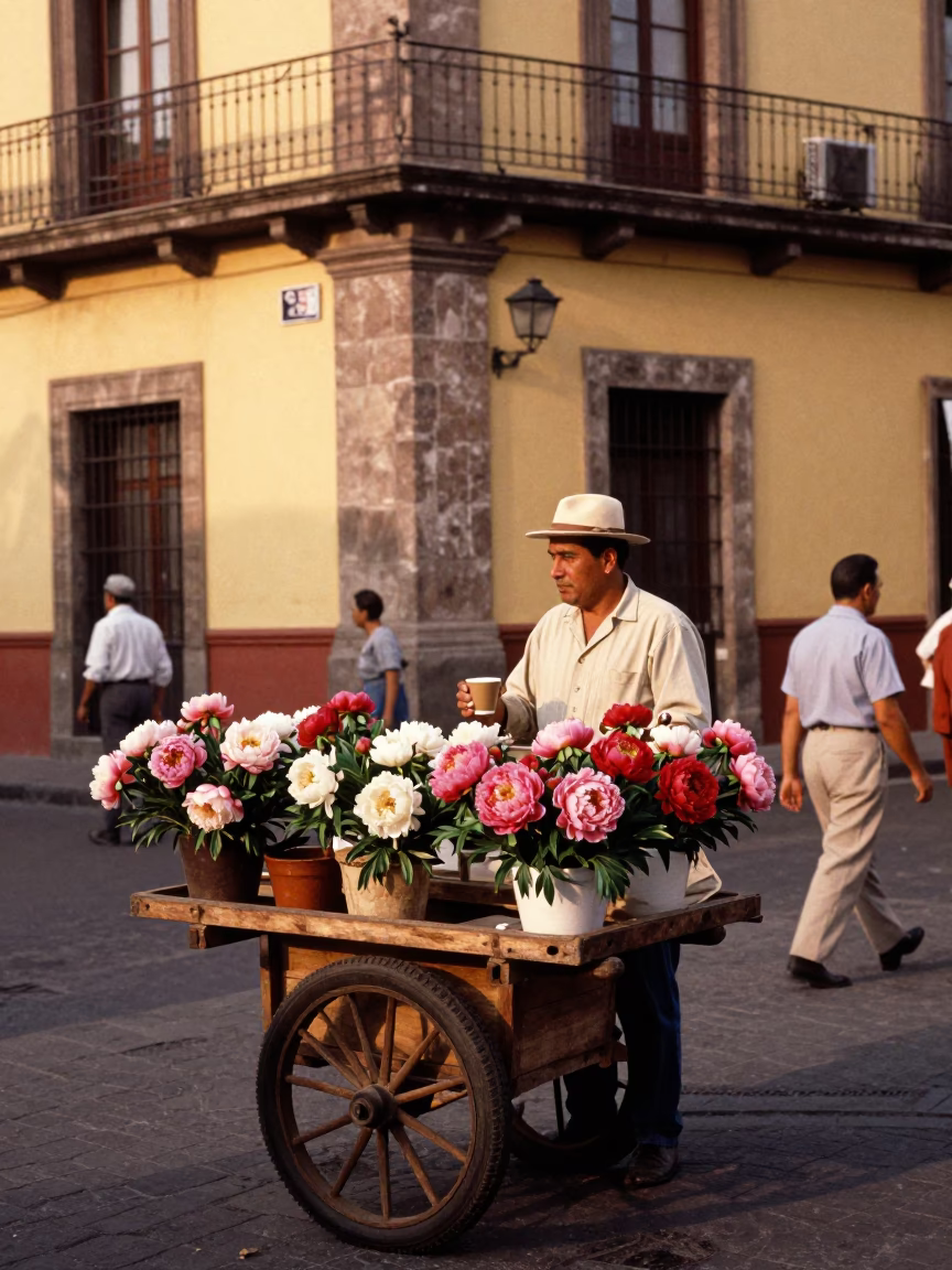 Vintage 1950s Mexico City Street Scene with Peonies and Coffee Grinder in in Mexico City, Mexico