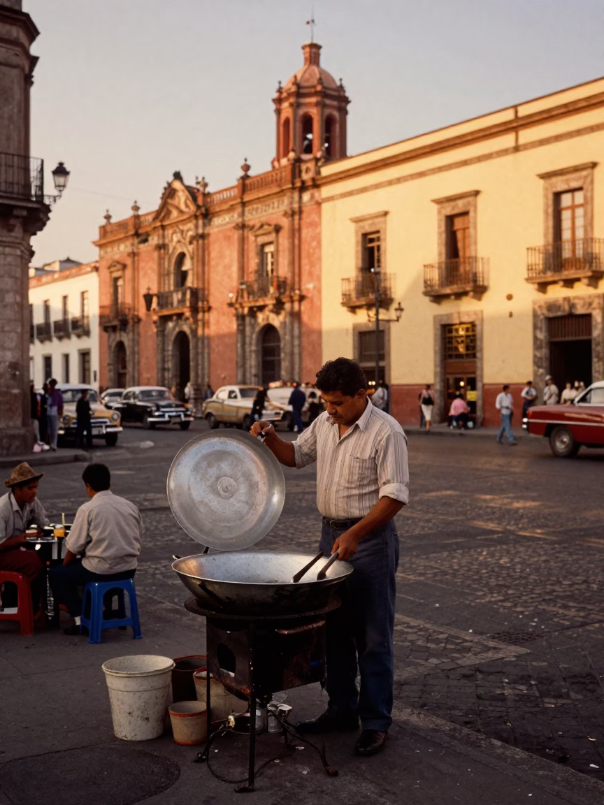 Vintage 1950s Mexico City Street Scene with Skillet Vendor and Colorful Architecture in in Mexico City, Mexico