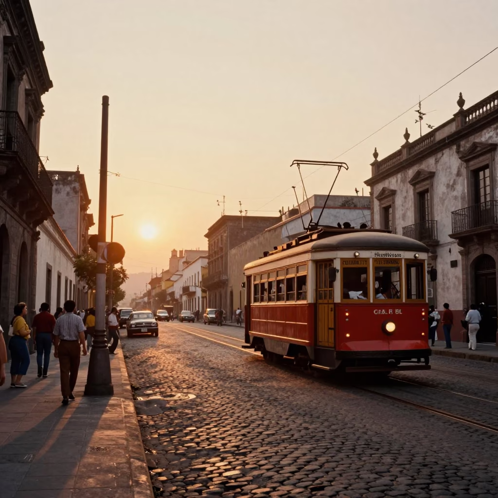 Vintage 1950s Mexico City Street Scene with Tram on Steep Hill at Sunset in in Mexico City, Mexico