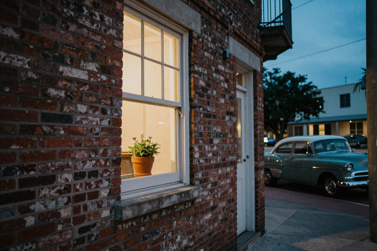 Vintage 1950s Miami Evening Street Scene with Window Light and Flowerpot in in Miami, Florida, United States