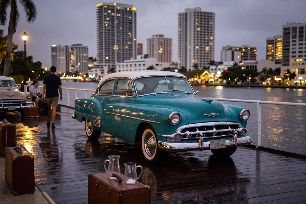 Vintage 1950s Miami Florida Nightlife with Suitcases and Glass Pitcher at Drawbridge in in Miami, Florida, United States