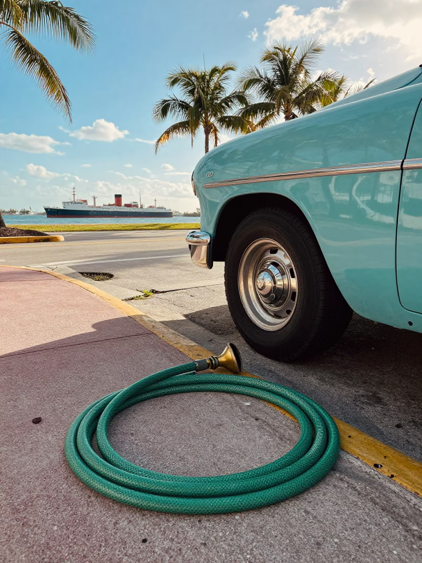 Vintage 1950s Miami Florida Street Scene with Cargo Ship Horizon and Hoses in in Miami, Florida, United States