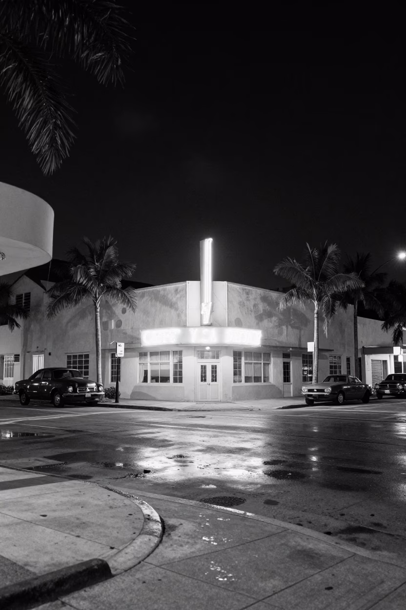 Vintage 1950s Miami Night Scene with Neon Reflections and Street Life in in Miami, Florida, United States