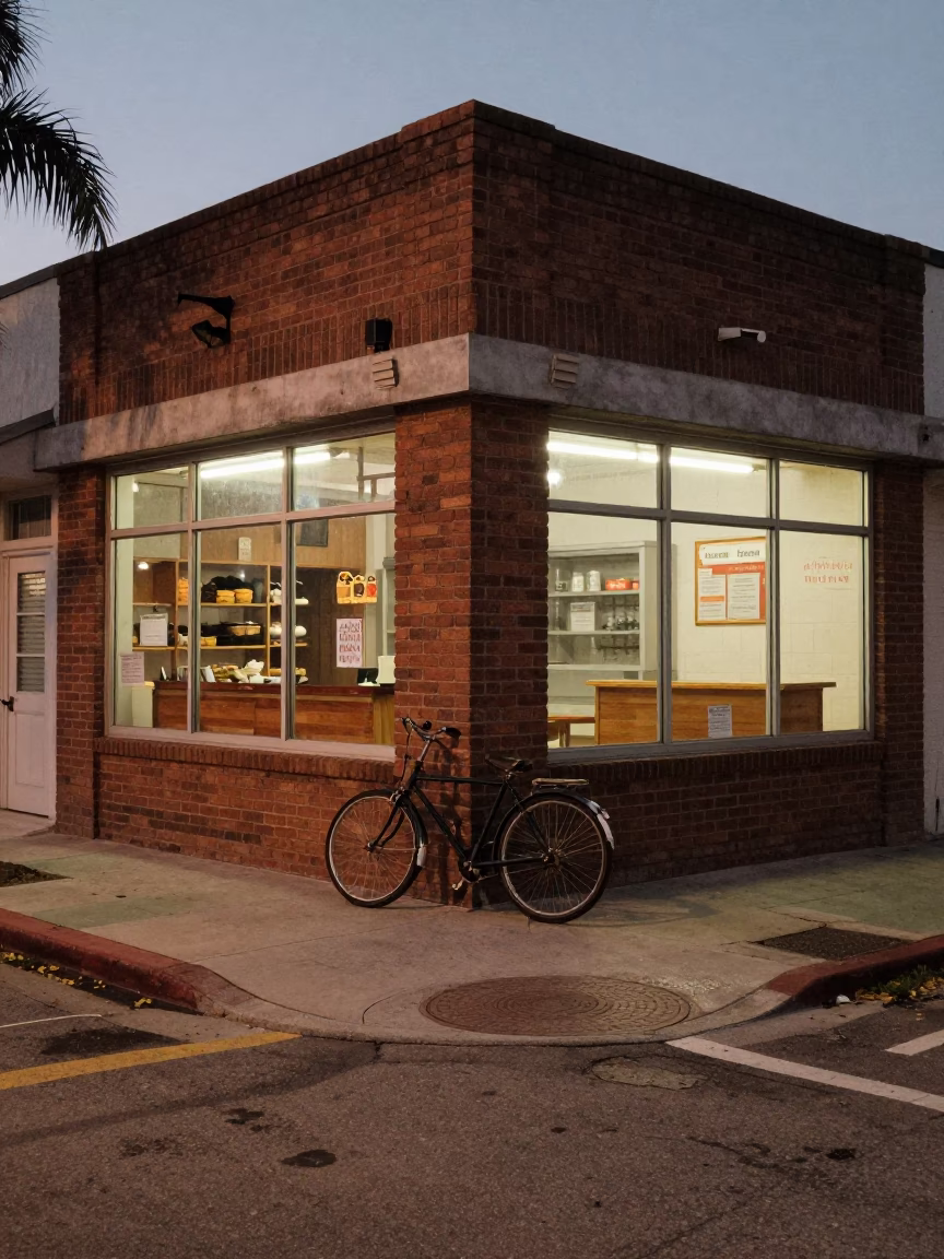 Vintage 1950s Miami Street Scene with Bicycle and Bakery at Predawn in in Miami, Florida, United States