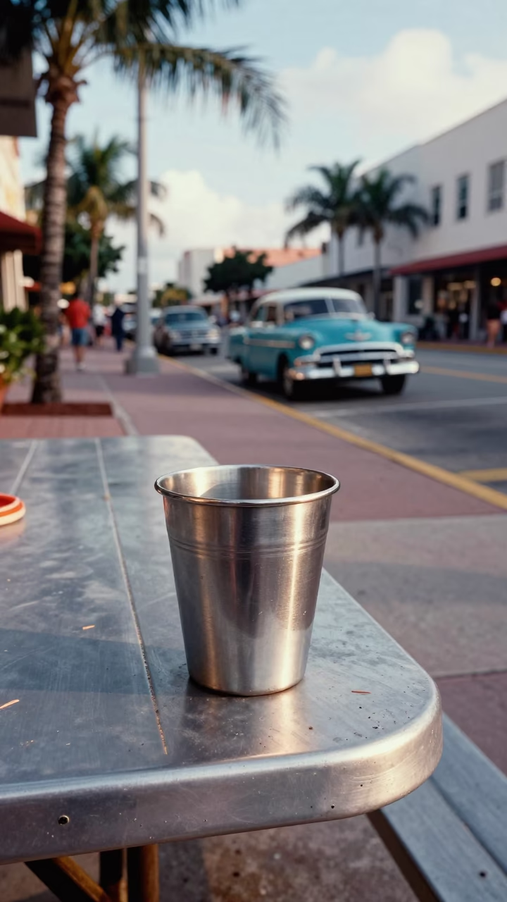 Vintage 1950s Miami Street Scene with Brushed Steel Cup and Local Detail in in Miami, Florida, United States
