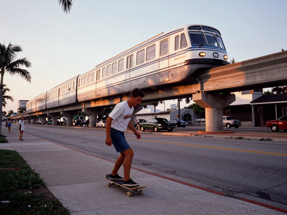 Vintage 1950s Miami Street Scene with Monorail and Skateboarder at Dusk in in Miami, Florida, United States