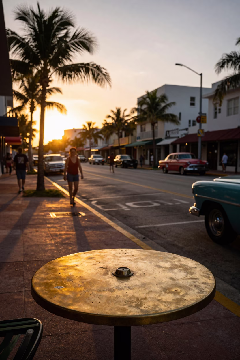 Vintage 1950s Miami Sunset Street Scene with Lemongrass and Brass Tabletop in in Miami, Florida, United States